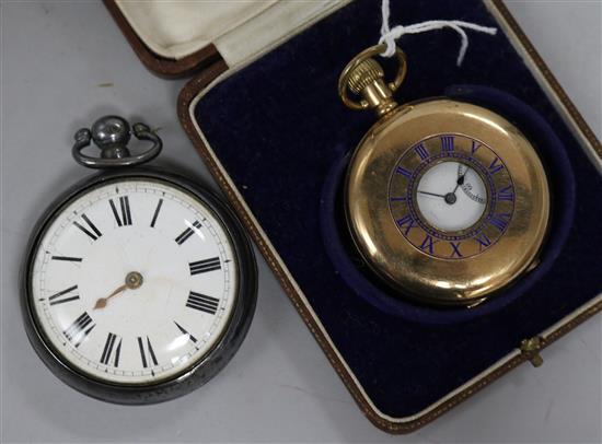 A silver pair cased pocket watch and a gold plated pocket watch.